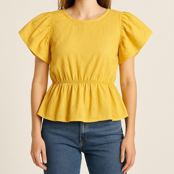 Anthropologie Tops - Anthropologie Yellow Ruffle Sleeve Peplum Top Size Small
